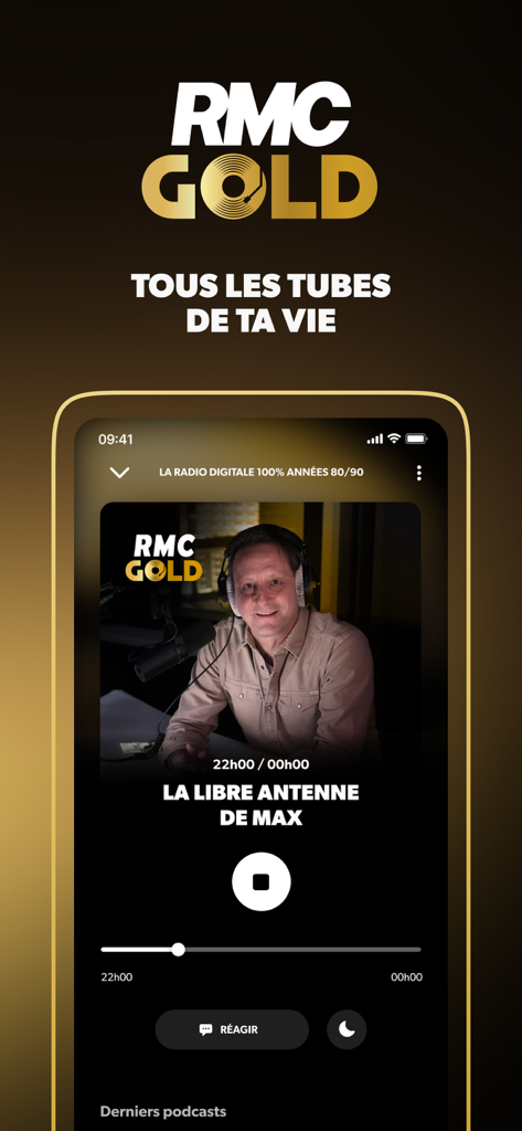 Interfaccia della radio RMC Gold che mostra un lettore musicale per lo spettacolo Libre Antenne de Max con successi degli anni '80 e '90
