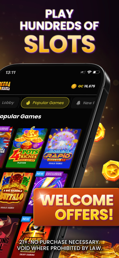 MegaBonanza Social Casino Live - Affichage sur smartphone de l'application de casino social MegaBonanza montrant divers jeux de machines à sous et une bannière d'offres de bienvenue