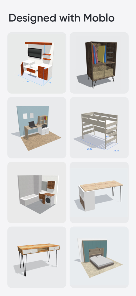 Una griglia di vari modelli di mobili 3D e layout di stanze creati con Moblo