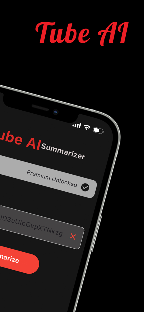 TubeAI: Summarizer for YouTube - Interfaz de la aplicación TubeAI que muestra un campo de entrada de enlace de video de YouTube y un botón para resumir