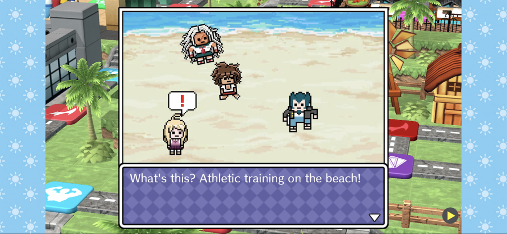 Danganronpa S: Ultimate Summer - Pixel art Danganronpa characters participating in a beach training event on a tropical island board game map.