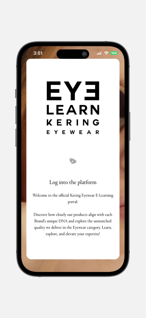 Eyelearn Kering Eyewear - The welcome screen for the Eyelearn Kering Eyewear e-learning app featuring the brand logo and login invitation.