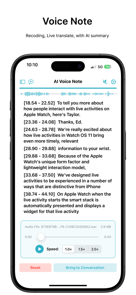 On-Device AI: TTS, STT & Chat - Bildschirm der KI-Sprachnotiztranskription mit zeitgestempelter Transkription, Audiowiedergabe und Geschwindigkeitsreglern