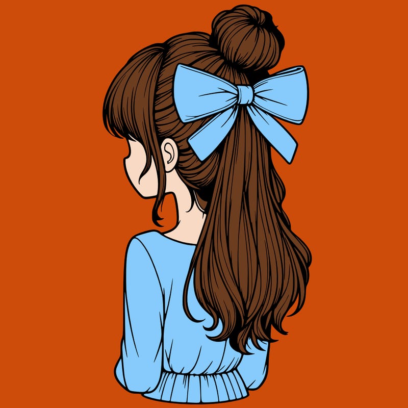 realistic girl  with hip length hair a bun and a big bow on the back of head