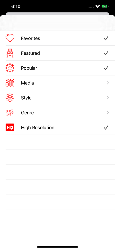 WikiArt - Un elenco di opzioni di navigazione nell'app WikiArt tra cui Preferiti, In Evidenza, Popolari, Media, Stile, Genere e Alta Risoluzione.