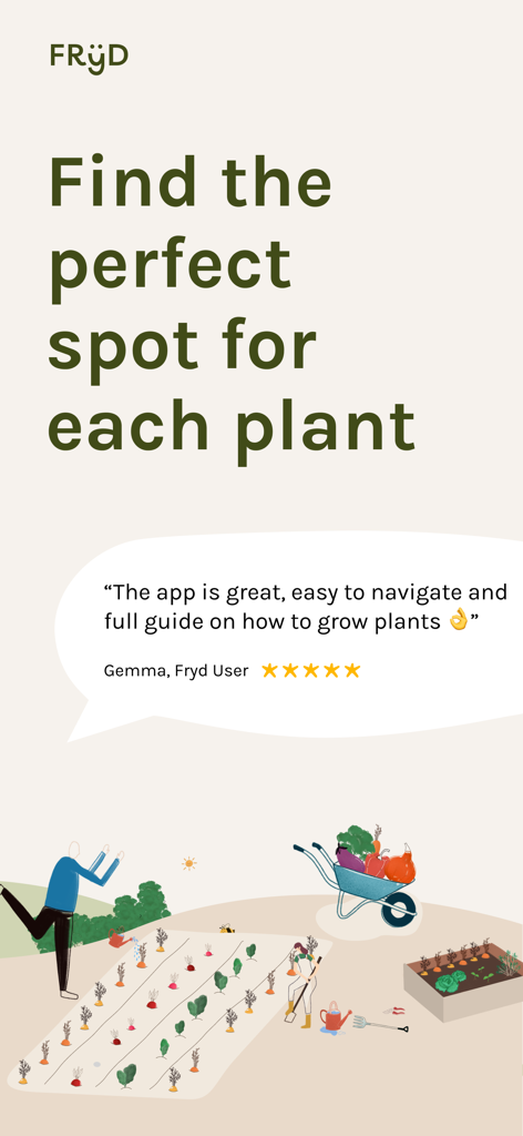 Garden Planner by Fryd - Frydアプリのインターフェースで、肯定的なユーザーレビューと人々が野菜畑を手入れしているイラストを表示