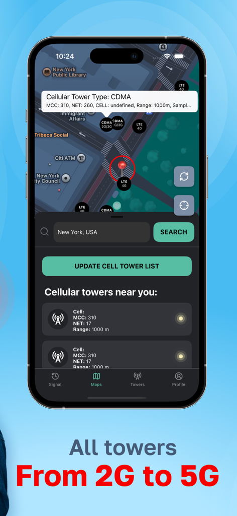 Cellular Tower － Signal Finder - Interfaccia di un'app mobile che mostra una mappa interattiva con posizioni di torri cellulari da 2G a 5G a New York