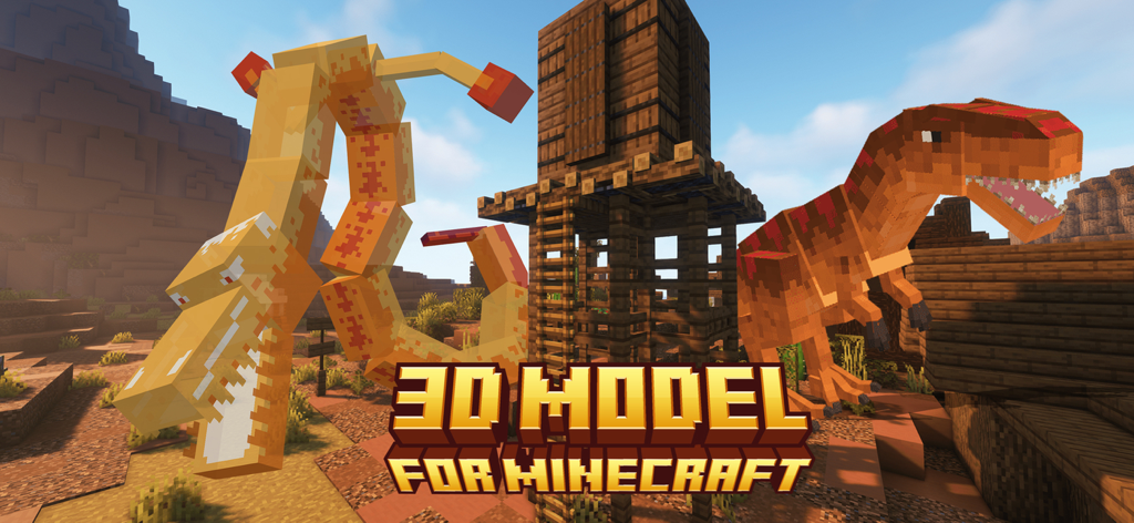 Custom 3D Minecraft models of a dragon and a dinosaur in a desert landscape