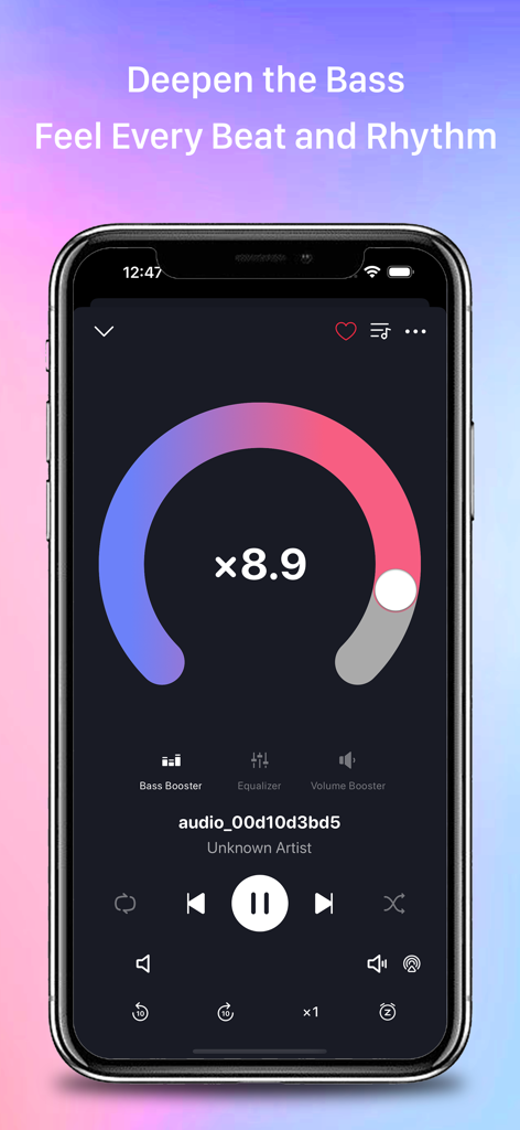 Bass booster interface in the mobile app showing a dial for deep bass amplification.