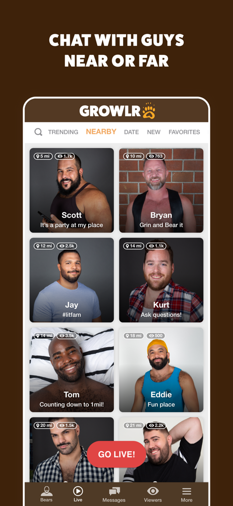 Perfiles de usuarios cercanos en la interfaz de la aplicación de redes sociales GROWLR