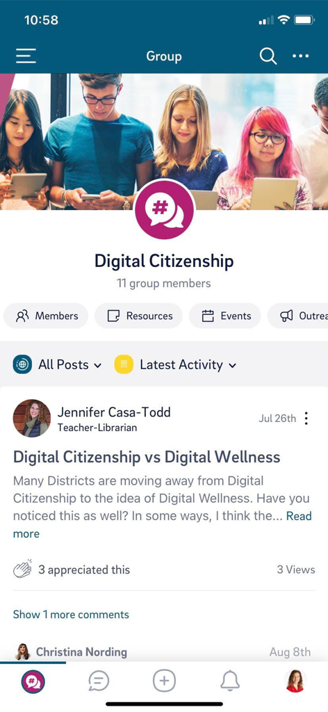 Connect (ASCD+ISTE) - Screenshot of the Connect app showing a Digital Citizenship group discussion feed for educators