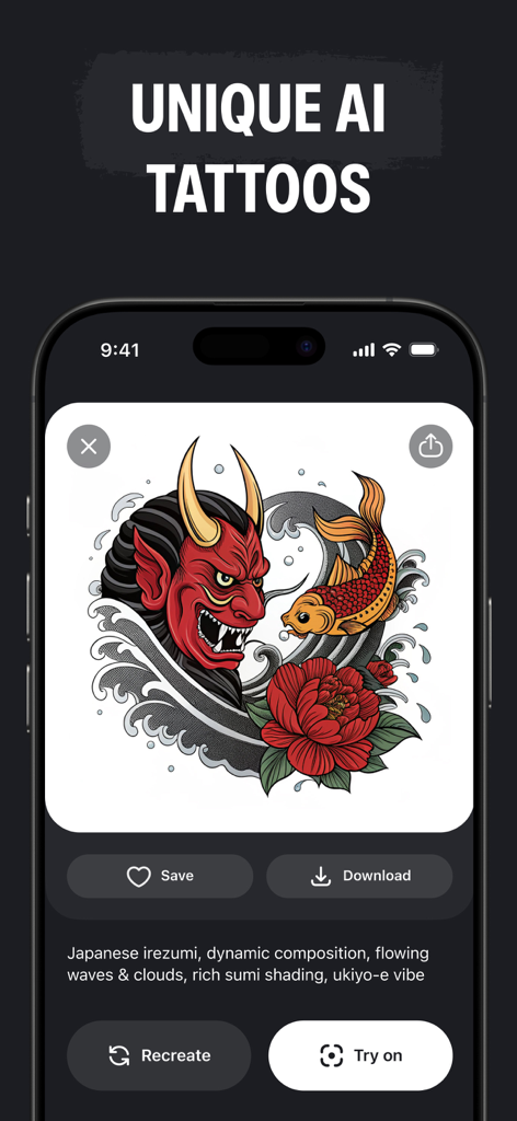 InkGen: Tattoo AI Design Maker - Ein mobiler Bildschirm aus der InkGen-App, der ein KI-generiertes japanisches Irezumi-Tattoo-Design mit einer roten Dämonenmaske und Koi-Fisch zeigt.
