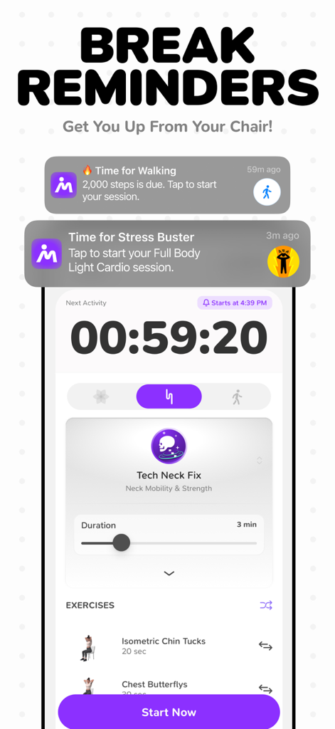 Moova: Hourly Activity Breaks - Interfaz de la aplicación Moova que muestra recordatorios de pausas horarias y una rutina de ejercicios de movilidad del cuello.