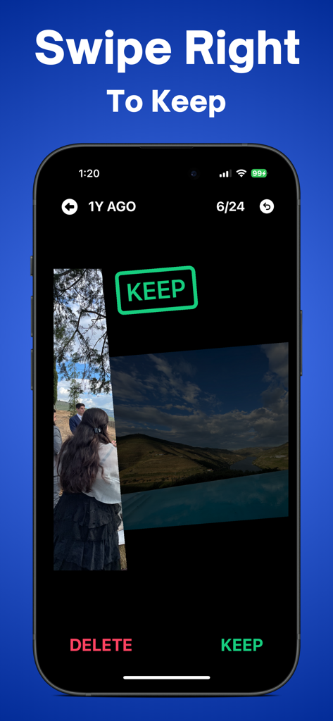 VidRecover mobile app showing the swipe right to keep photos feature