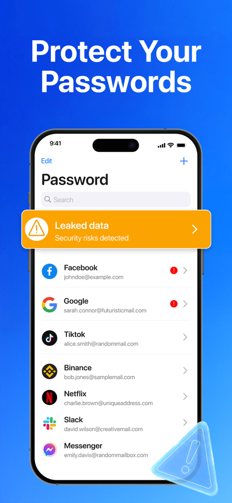 Interface do aplicativo Autenticador mostrando riscos de segurança de dados vazados para várias contas online