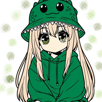 girl with anime shaped eyes with a dinosaur bucket hat oversized sweatshirt long straight hair