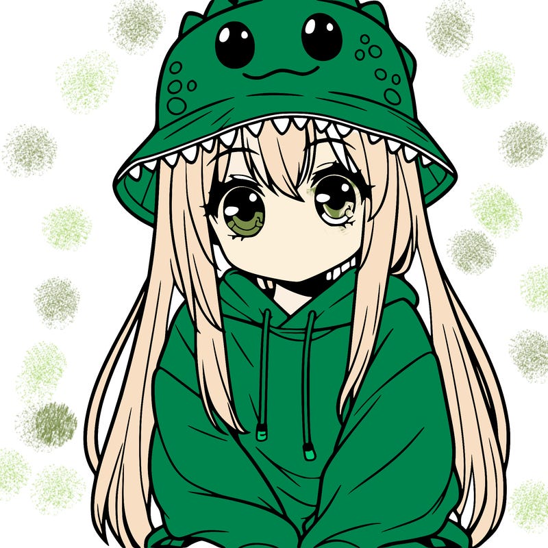 girl with anime shaped eyes with a dinosaur bucket hat oversized sweatshirt long straight hair