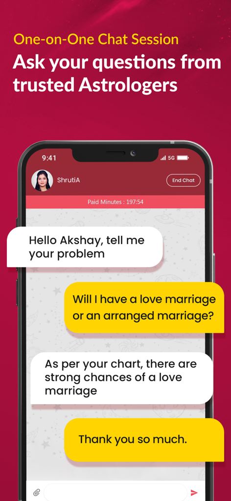 Mobile app interface of Anytime Astro showing a one-on-one chat session with an astrologer providing a marriage prediction.