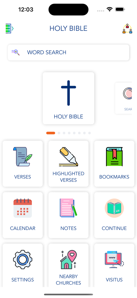 Holy Bible - Offline - The main menu interface of the Holy Bible Offline app showing icons for verses, bookmarks, and notes.