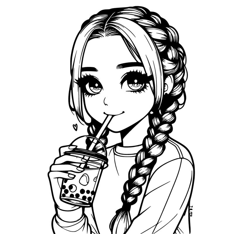 realistic girl with braids drinking boba