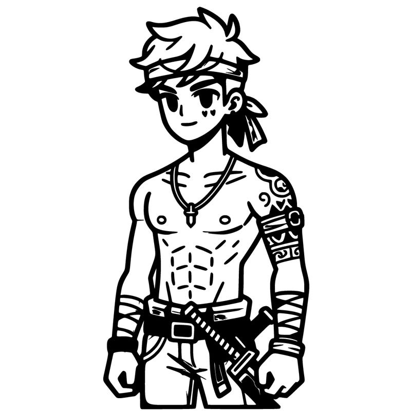 21 year old boy, earring in his left ear, 3 swords on the right side of his belt, bandana tied on his left arm, pants, no shirt, hip warmer, abs, muscles