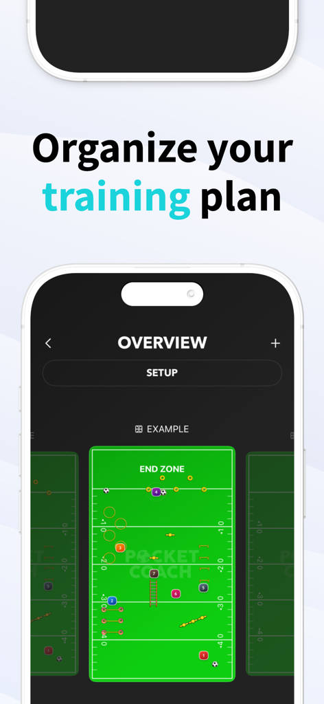 Pocket Coach Board Playmaker - Pantalla de la aplicación Pocket Coach para organizar planes de entrenamiento de fútbol americano con un diagrama del campo