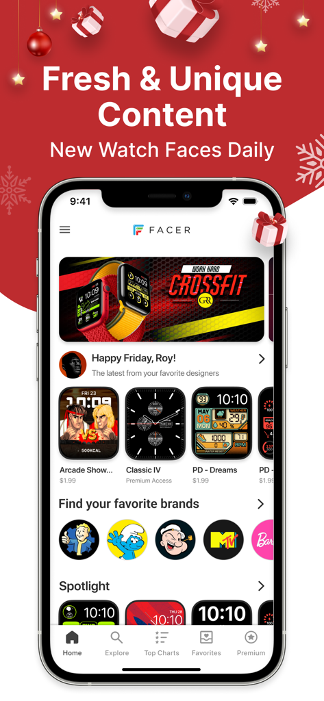 iPhone screen showing Facer app with custom watch faces and licensed brands