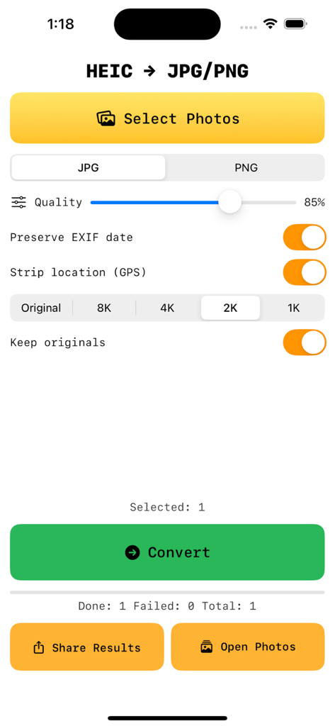 HEIC to JPEG/PNG - Mobile app interface for converting HEIC images to JPG or PNG with quality and metadata controls