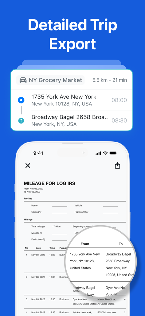 enRoute Delivery Route Planner - Detailed trip export and mileage log for tax reporting in the enRoute app