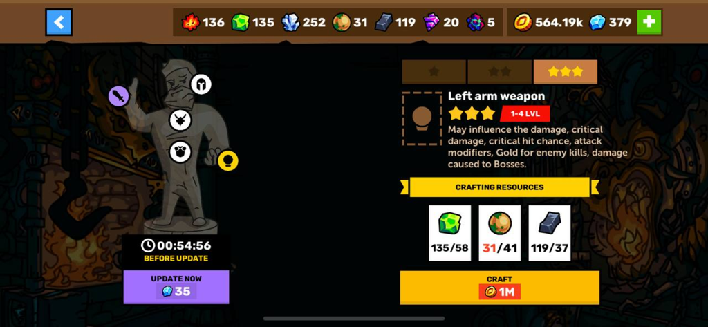 Tela do jogo de Towerlands mostrando recursos de criação e requisitos para upgrade de arma de herói.