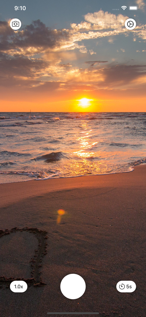 Timesnap - Timesnap app camera interface displaying a sunset over a beach with a five second interval timer setting