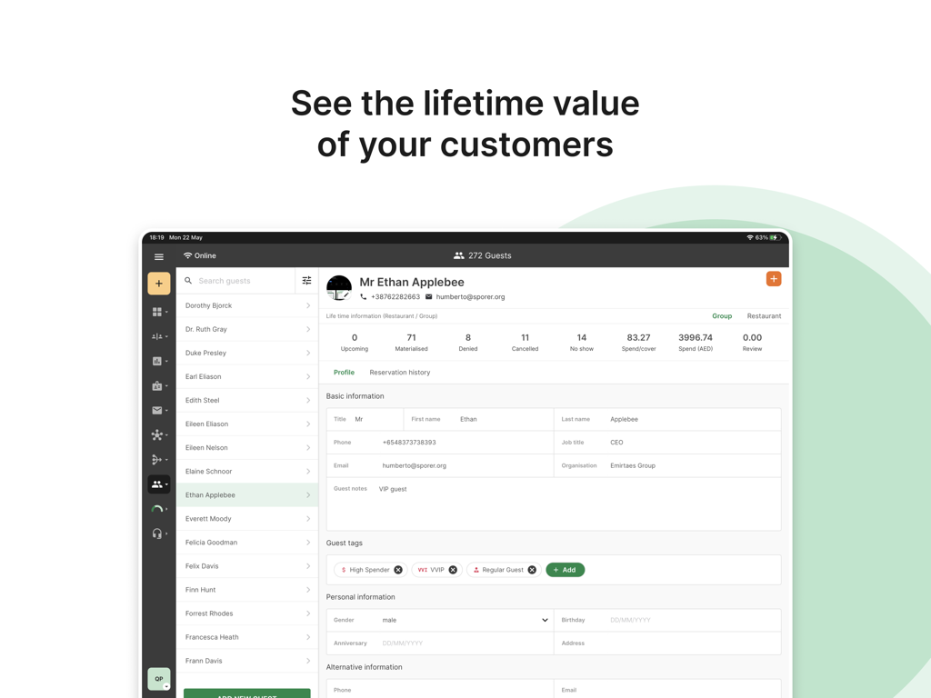 Eat App Manager - Eat App Manager iPad-Dashboard zeigt detailliertes Gästeprofil mit Kundenlebenszeitwert und Ausgabenanalysen an