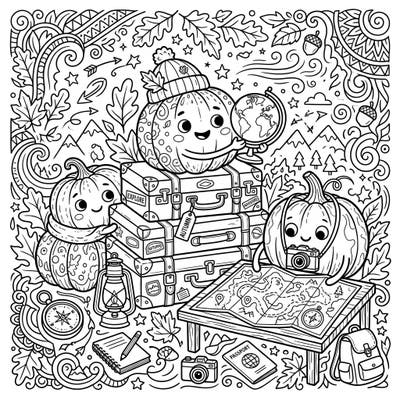 Get ready for a delightful journey with this charming coloring page featuring three cute autumn pumpkins on a grand vacation. Packed with travel essentials and fall foliage, it's an invitation to explore and imagine through color.