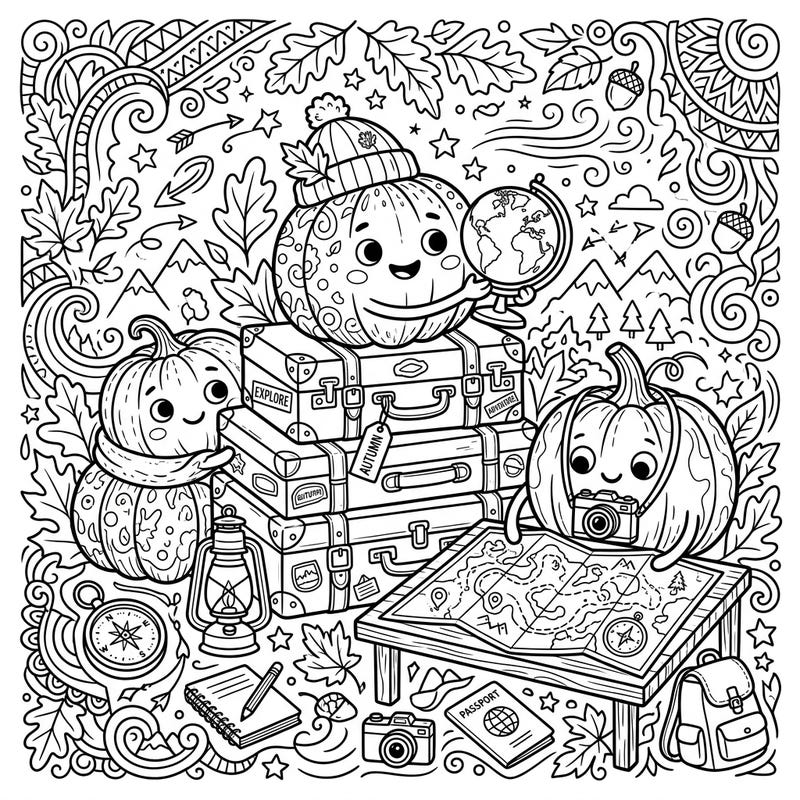 Get ready for a delightful journey with this charming coloring page featuring three cute autumn pumpkins on a grand vacation. Packed with travel essentials and fall foliage, it's an invitation to explore and imagine through color.