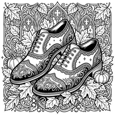 Discover a uniquely stylish coloring experience with our Gothic Autumn Oxfords design. This intricate page blends classic footwear with the mystery of fall and Victorian elegance, offering a captivating challenge.