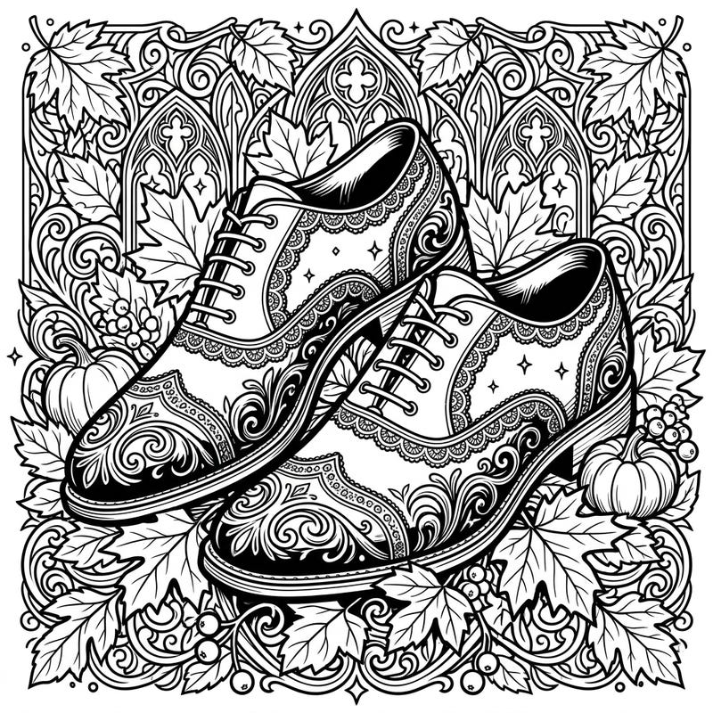 Discover a uniquely stylish coloring experience with our Gothic Autumn Oxfords design. This intricate page blends classic footwear with the mystery of fall and Victorian elegance, offering a captivating challenge.