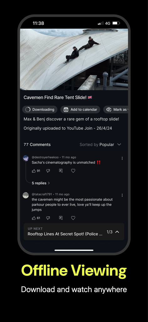 オフライン視聴とダウンロード機能を示すSTORROR plusアプリインターフェース