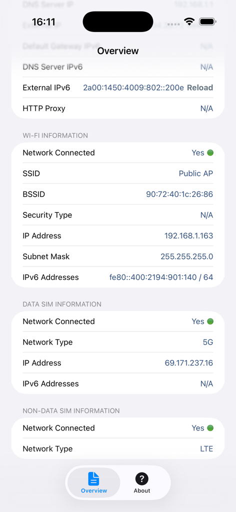Una descripción técnica de los detalles de la conexión de red, incluidas las configuraciones de wifi y datos móviles en la aplicación System Status