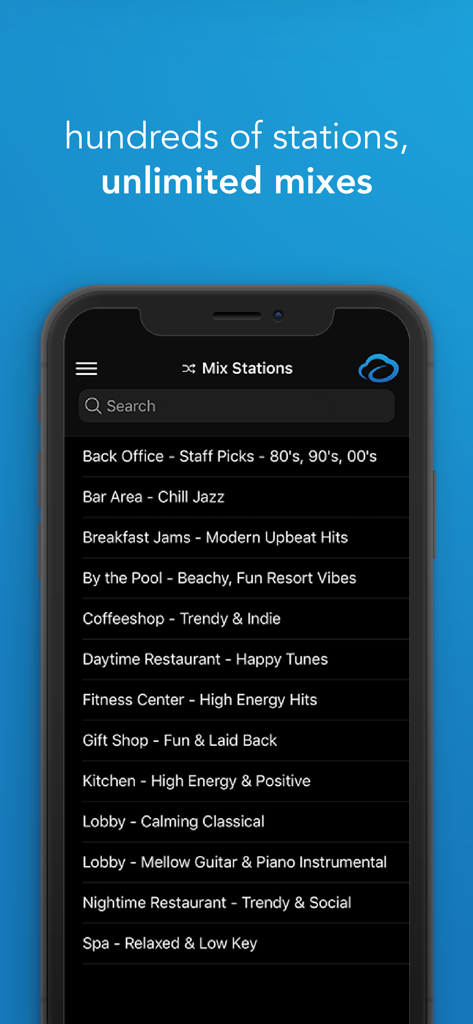 Pandora CloudCover - Pandora CloudCover mobile app screen displaying a list of curated music mix stations for different business environments