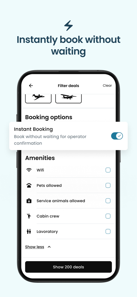 Airble-App-Bildschirm, der sofortige Buchungsoptionen und Flugfilter für Annehmlichkeiten wie WLAN und Haustiere anzeigt