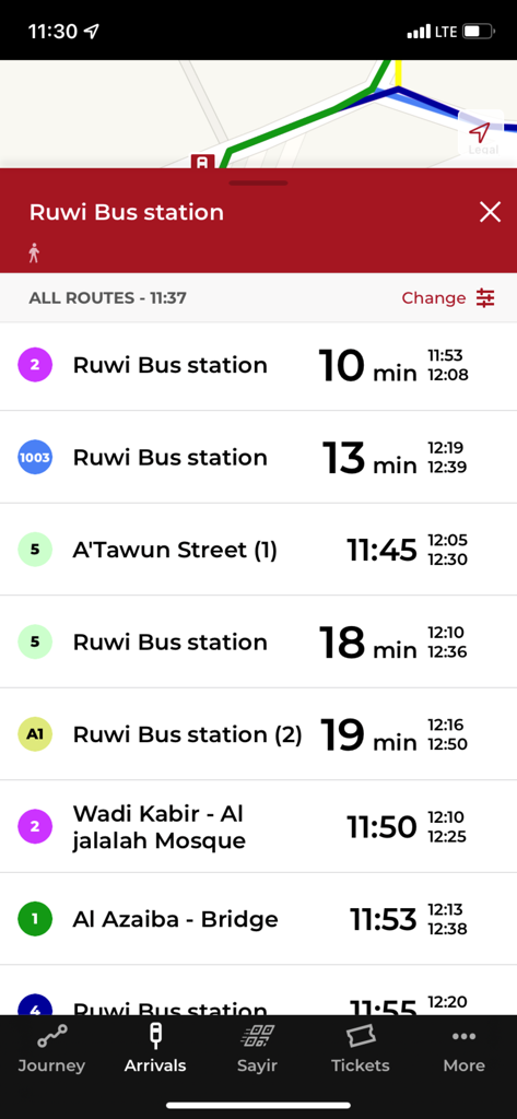 Mwasalat - Mwasalat app interface displaying real-time bus arrivals and route timings at Ruwi Bus station in Oman