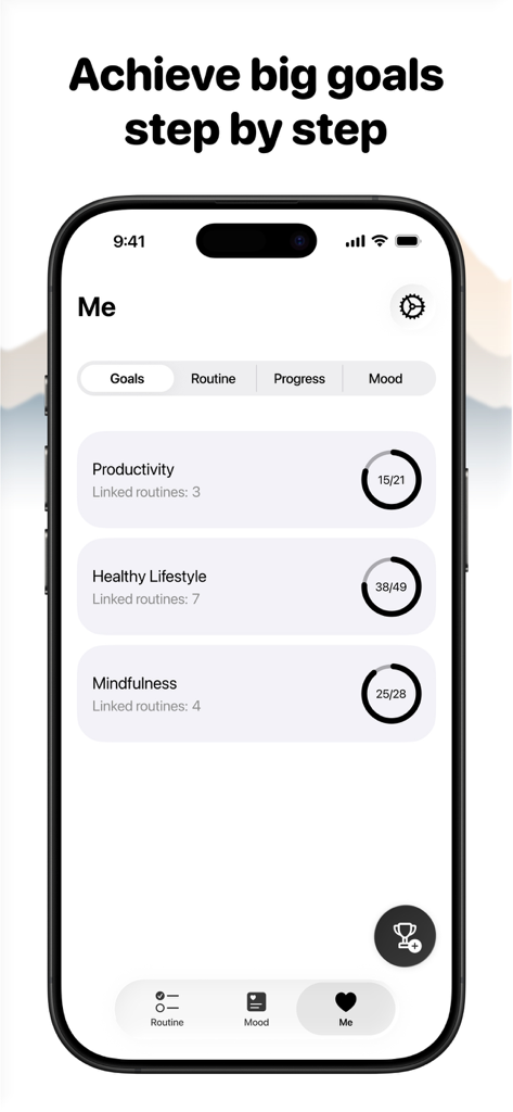 Daijobu – Daily Habit Tracker - Daijobu app interface showing personal goal progress for productivity and healthy lifestyle with circular completion charts