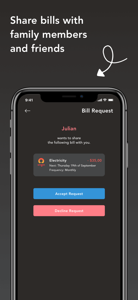 BillOut - Bill Tracker - BillOut app interface showing a shared electricity bill request from a contact named Julian in dark mode.