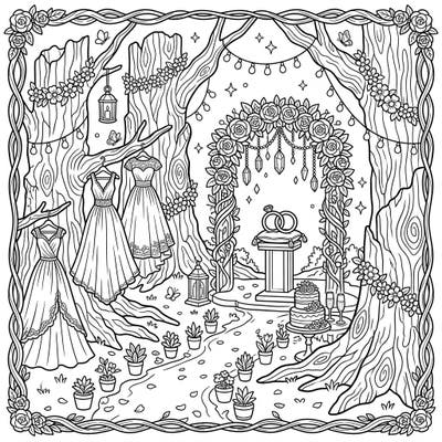 Discover a one-of-a-kind Petrified Forest Wedding coloring page, blending ancient natural beauty with a romantic celebration. This intricate design features elegant wedding dresses, floral arches, and delicate details for a captivating coloring experience.