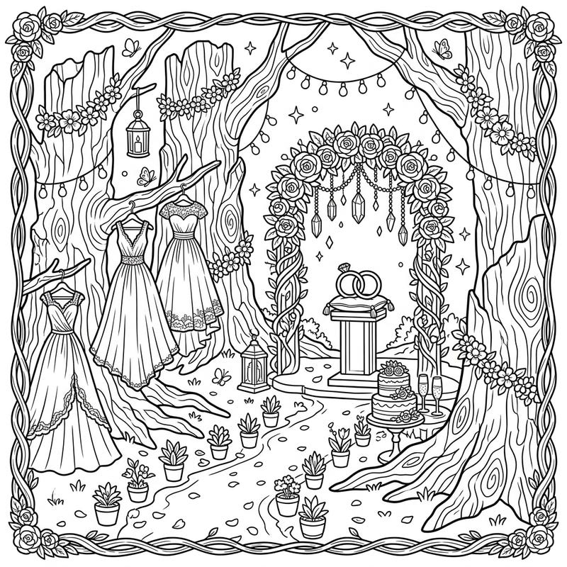 Discover a one-of-a-kind Petrified Forest Wedding coloring page, blending ancient natural beauty with a romantic celebration. This intricate design features elegant wedding dresses, floral arches, and delicate details for a captivating coloring experience.