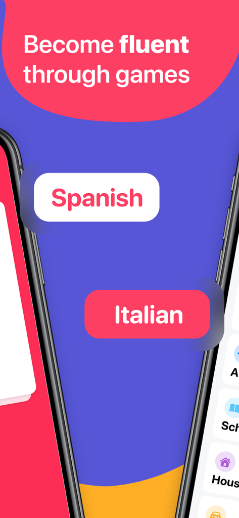 BeLingual - Language Learning - BeLingual app screen displaying options for Spanish and Italian lessons with the headline Become fluent through games