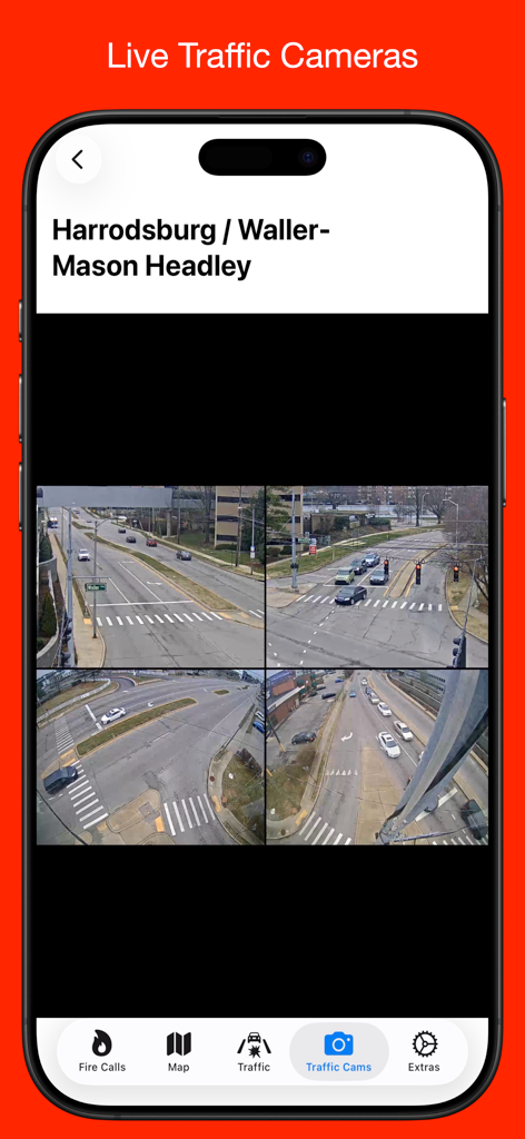 DriveLex - DriveLex app interface showing four live traffic camera views of the Harrodsburg and Waller intersection in Lexington