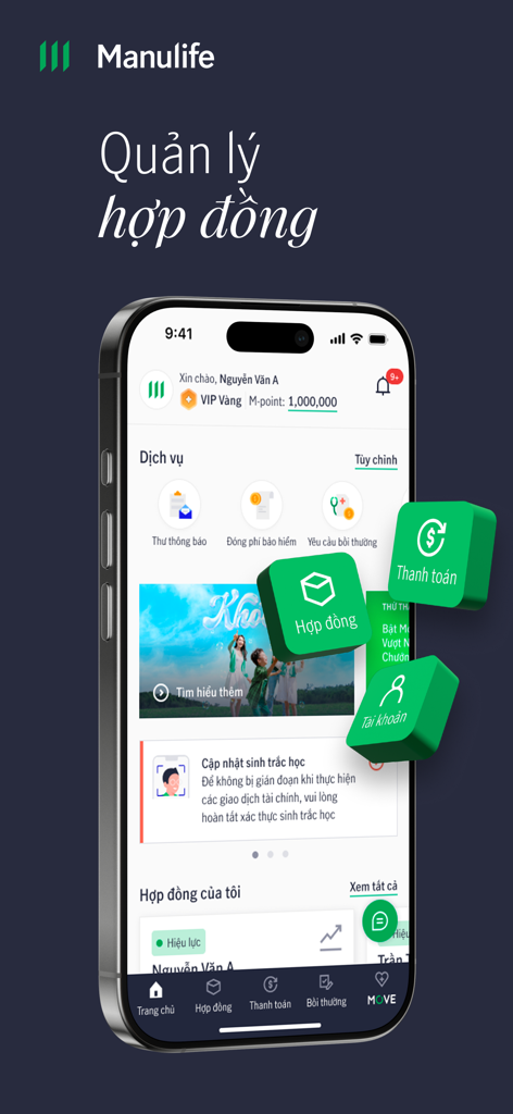 Manulife Vietnam - Tableau de bord d'accueil de l'application mobile Manulife Vietnam présentant les services de gestion des polices d'assurance.
