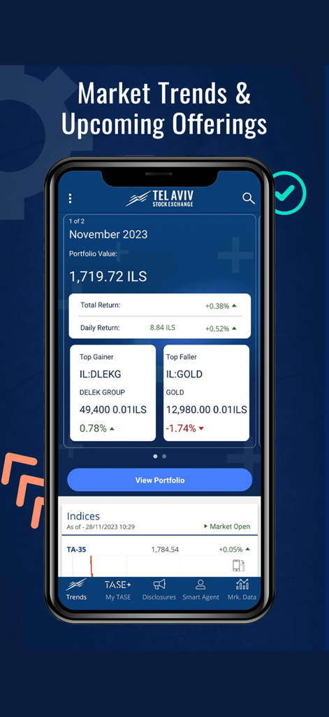 Tel Aviv Stock Exchange (TASE) - Mobile interface of the Tel Aviv Stock Exchange app showing a smart investment portfolio and market trends