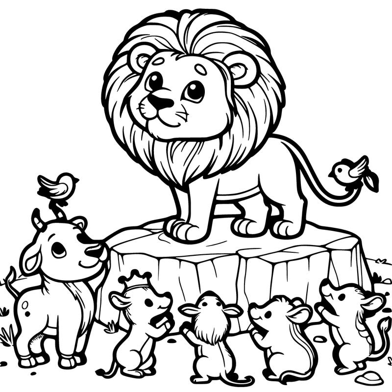 a lion standing on a rock with animals bowing to him